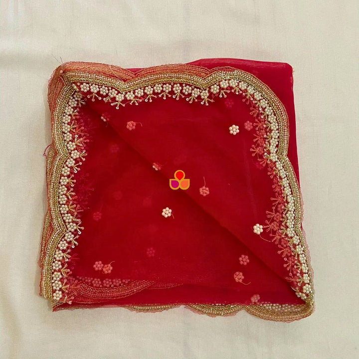 anokherang Dupattas Bridal Red Pearl Hand Embroidered Scalloped Net Dupatta