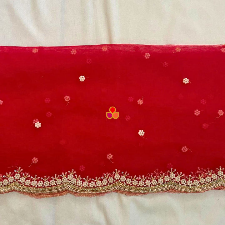anokherang Dupattas Bridal Red Pearl Hand Embroidered Scalloped Net Dupatta