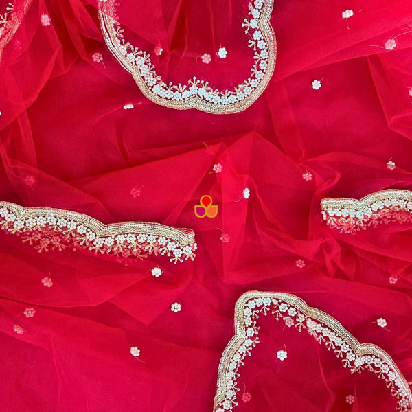 anokherang Dupattas Bridal Red Pearl Hand Embroidered Scalloped Net Dupatta