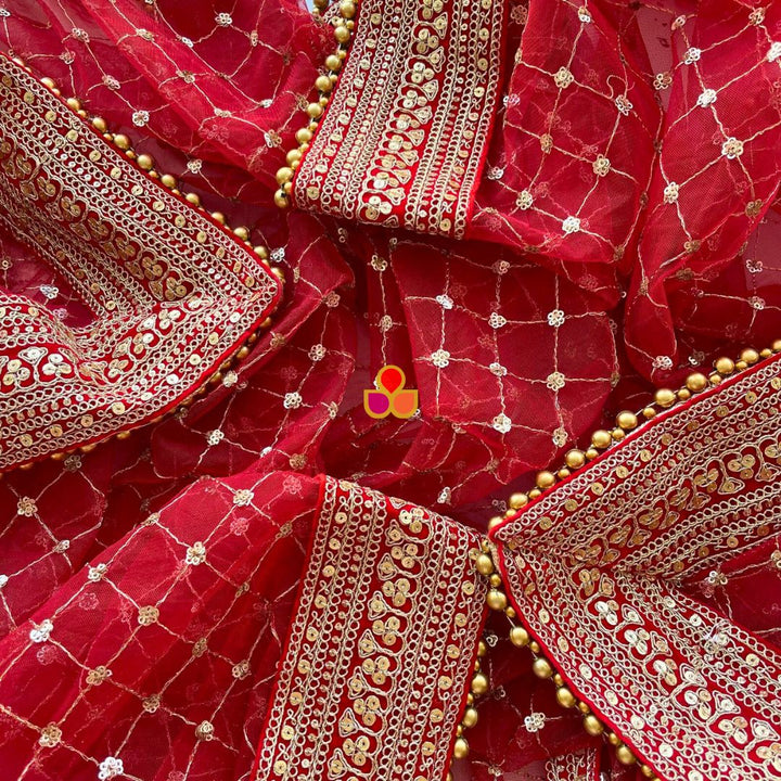 anokherang Dupattas Bridal Red Queen Criss Cross Net Dupatta