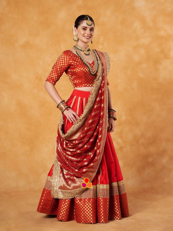 anokherang Dupattas Bridal Red Regal Georgette Banarsi Embroidered Fringed Dupatta