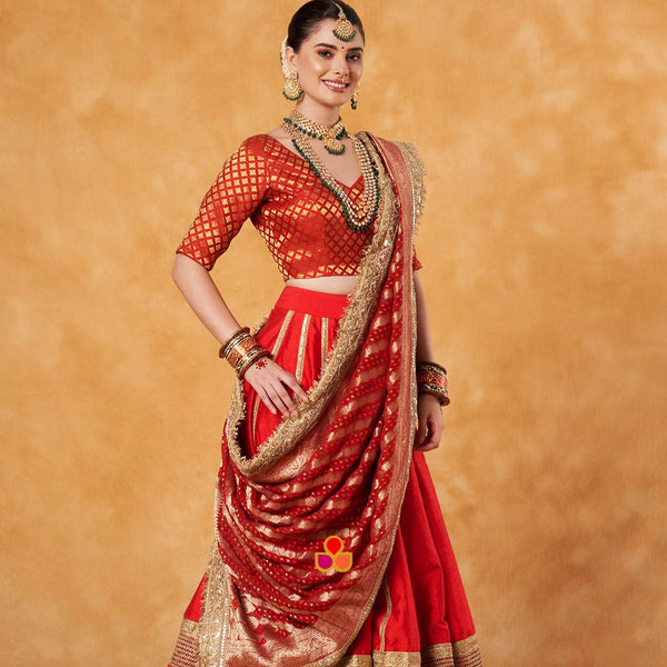 anokherang Dupattas Bridal Red Regal Georgette Banarsi Embroidered Fringed Dupatta