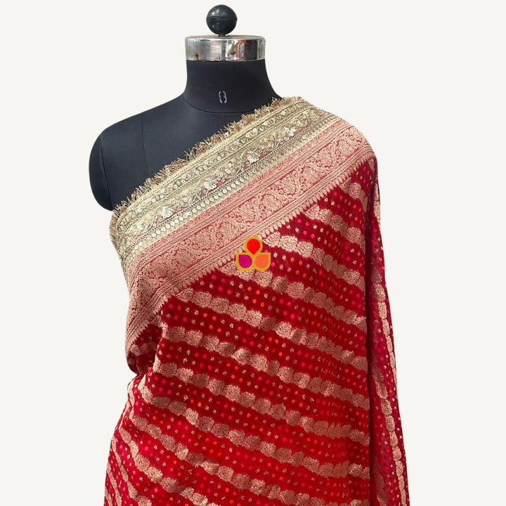 anokherang Dupattas Bridal Red Regal Georgette Banarsi Embroidered Fringed Dupatta