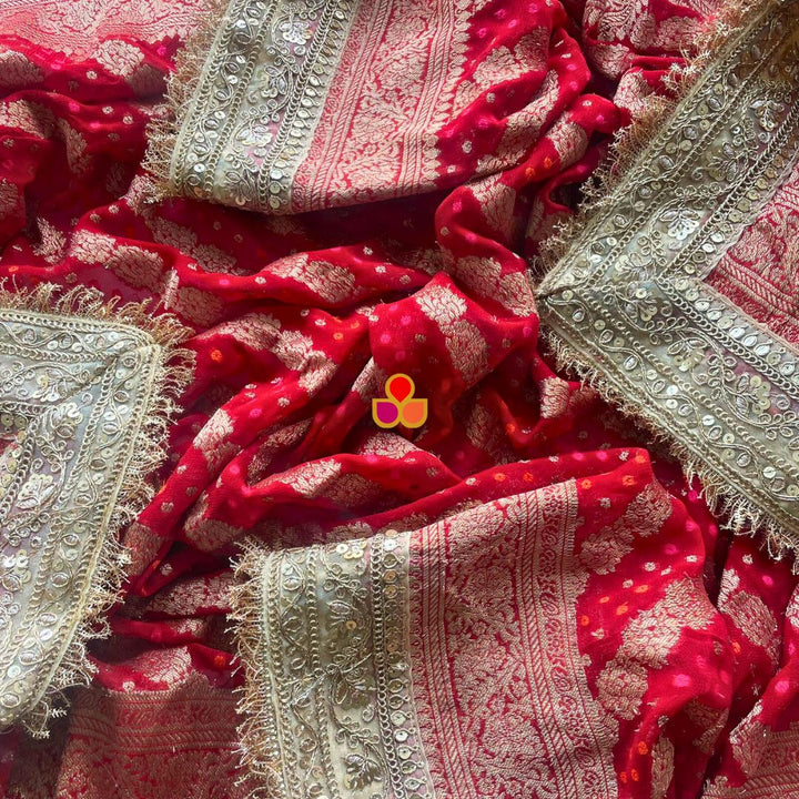 anokherang Dupattas Bridal Red Regal Georgette Banarsi Embroidered Fringed Dupatta