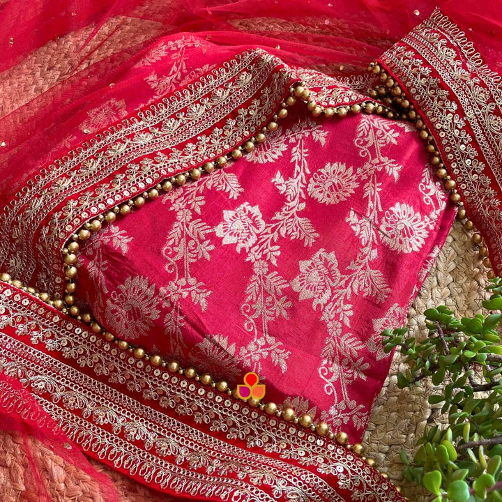 anokherang Dupattas Bridal Red Ruhani Silk Unstitched Suit with Net Dupatta