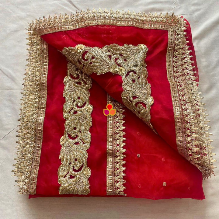 anokherang Dupattas Bridal Red Sapna Floral Sequin Organza Dupatta