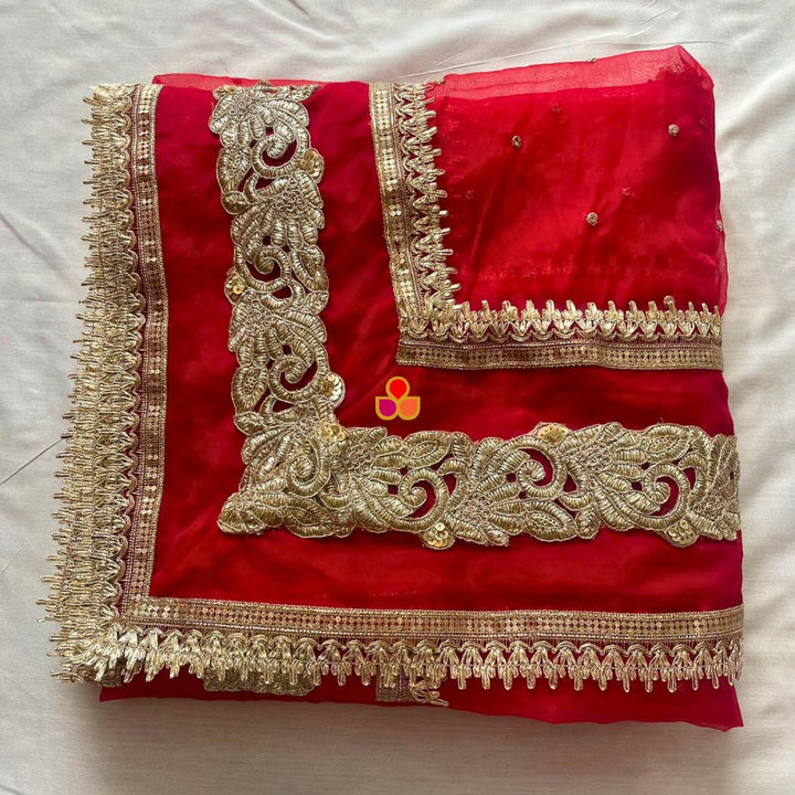 anokherang Dupattas Bridal Red Sapna Floral Sequin Organza Dupatta