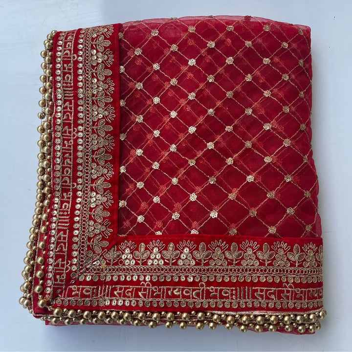 anokherang Dupattas Bridal Red Saubhagyavati Criss Cross Net Dupatta