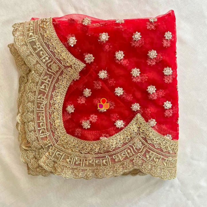 anokherang Dupattas Bridal Red Scalloped Saubhagyavati Embroidered Net Dupatta
