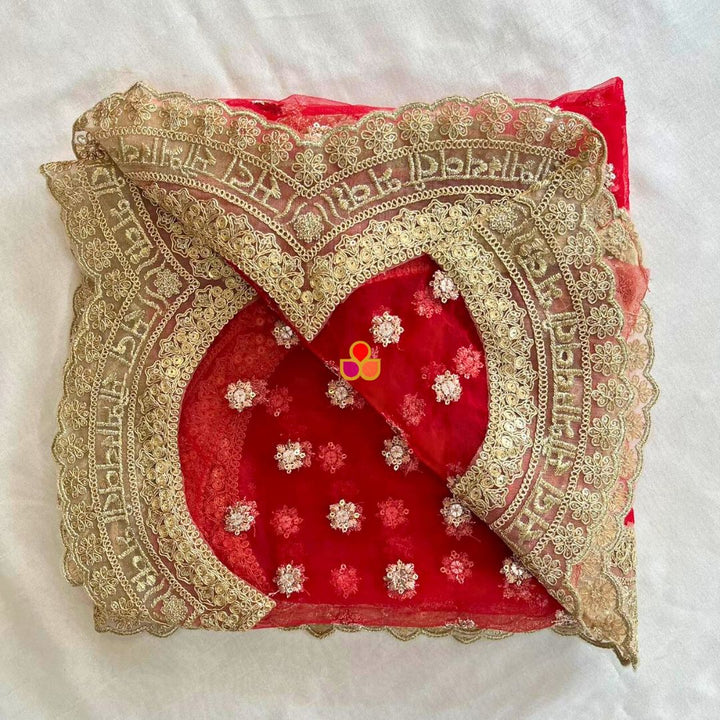 anokherang Dupattas Bridal Red Scalloped Saubhagyavati Embroidered Net Dupatta