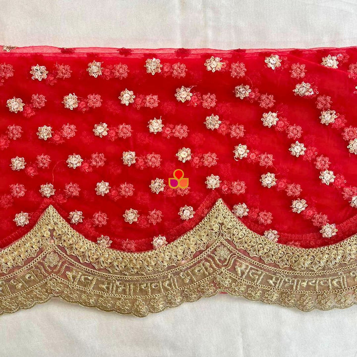 anokherang Dupattas Bridal Red Scalloped Saubhagyavati Embroidered Net Dupatta