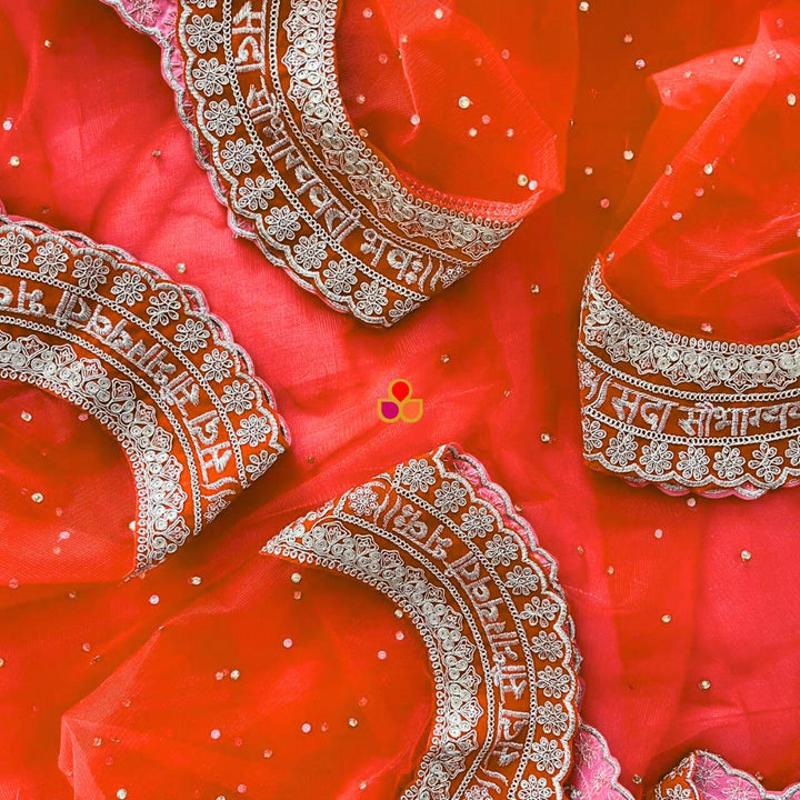 anokherang Dupattas Bridal Red Scalloped Saubhagyavati Embroidered Net Stone Dupatta