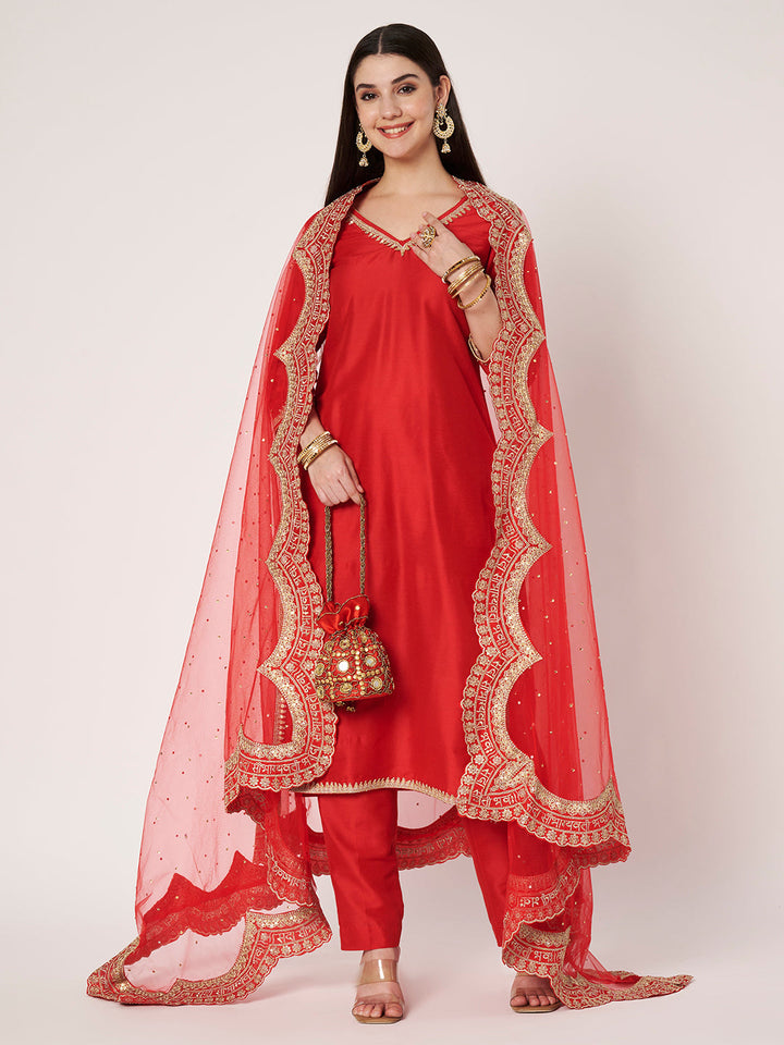 anokherang Dupattas Bridal Red Scalloped Saubhagyavati Embroidered Net Stone Dupatta