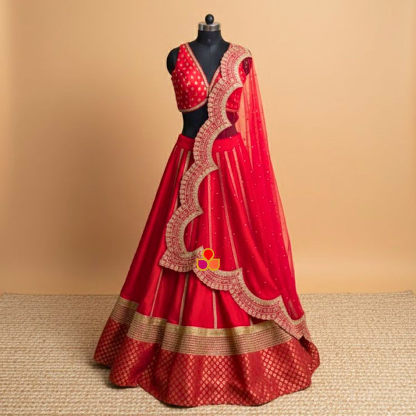 anokherang Dupattas Bridal Red Scalloped Saubhagyavati Embroidered Net Stone Dupatta