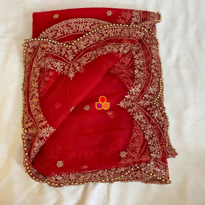 anokherang Dupattas Bridal Red Sequin Zari Scalloped Trail Net Dupatta