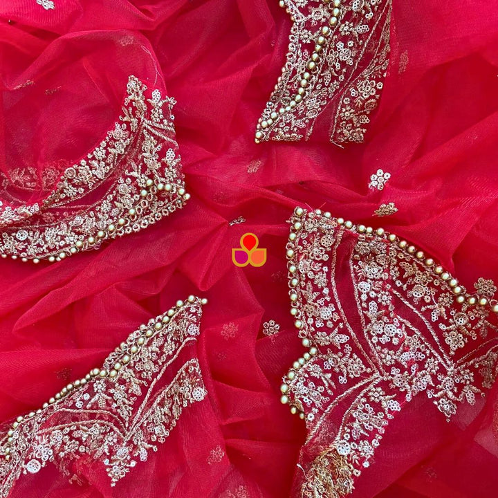 anokherang Dupattas Bridal Red Sequin Zari Scalloped Trail Net Dupatta