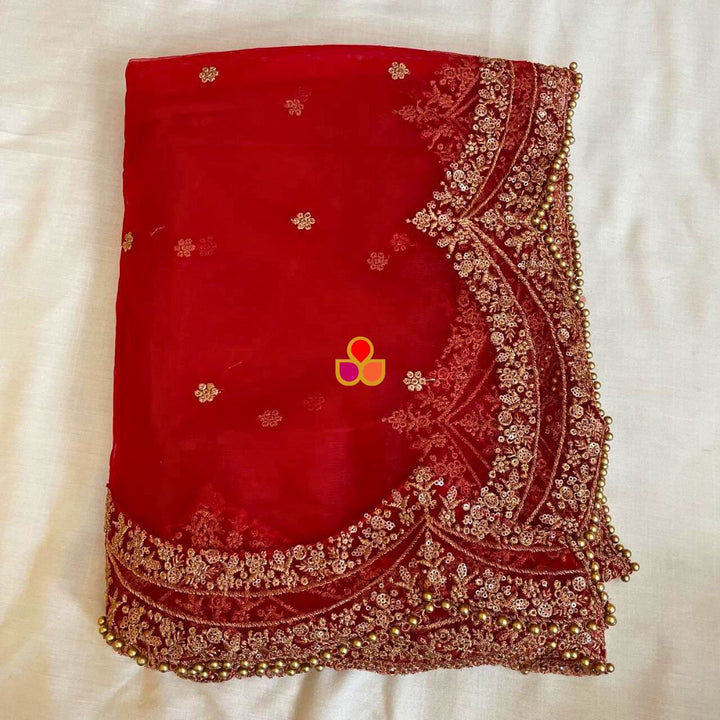 anokherang Dupattas Bridal Red Sequin Zari Scalloped Trail Net Dupatta