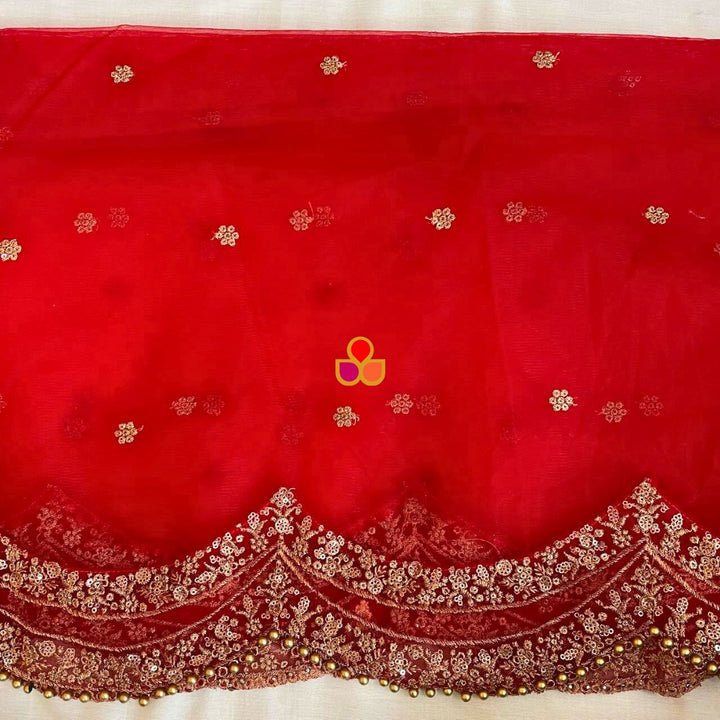 anokherang Dupattas Bridal Red Sequin Zari Scalloped Trail Net Dupatta