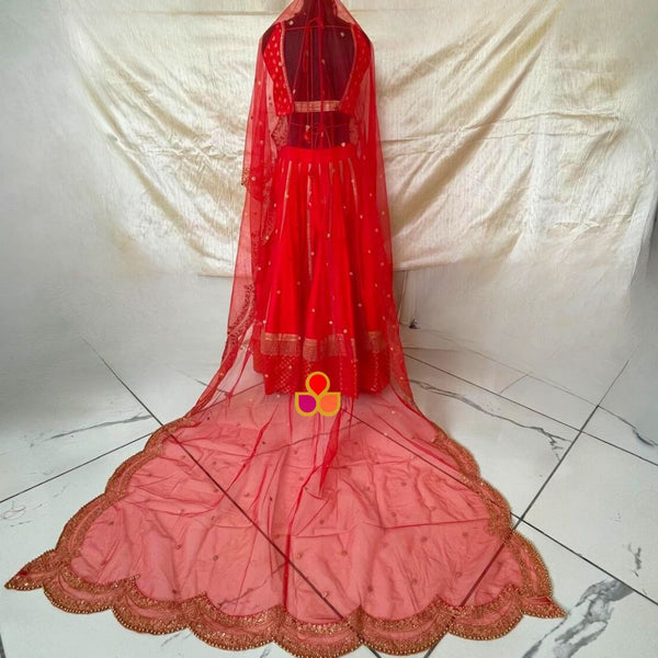 anokherang Dupattas Bridal Red Sequin Zari Scalloped Trail Net Dupatta