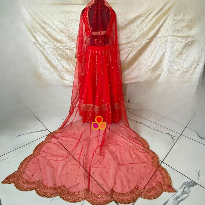 anokherang Dupattas Bridal Red Sequin Zari Scalloped Trail Net Dupatta