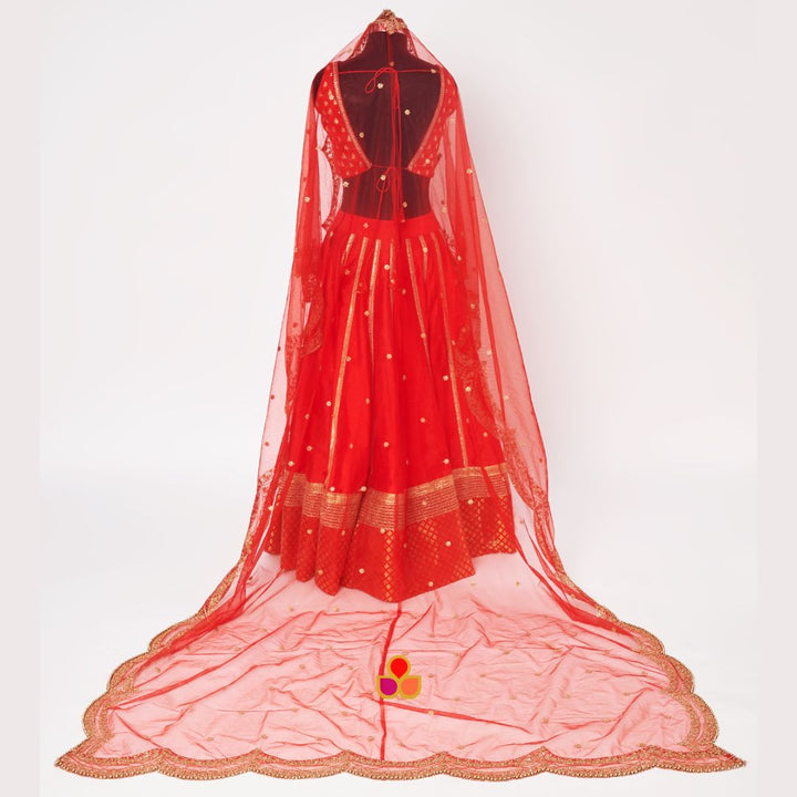 anokherang Dupattas Bridal Red Sequin Zari Scalloped Trail Net Dupatta
