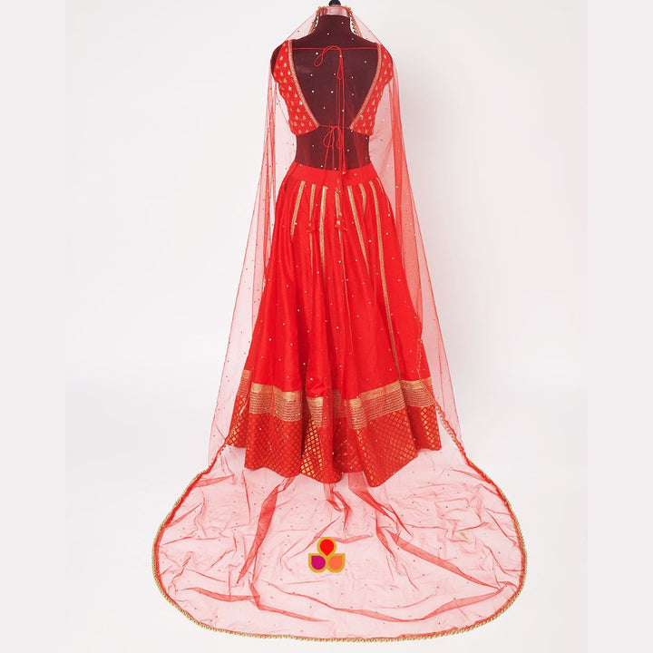 anokherang Dupattas Bridal Red Stone Beaded Net Trail Dupatta