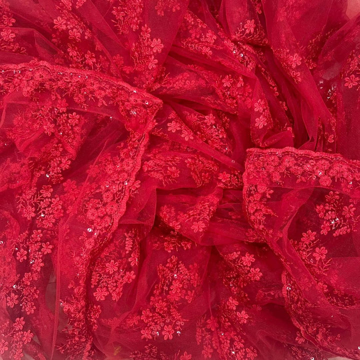 anokherang Dupattas Bridal Red Trail All Over Embroidered Net Dupatta
