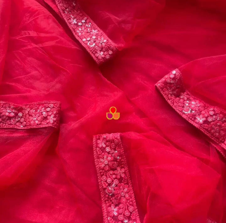 anokherang Dupattas Bridal Red Trail Net Dupatta with Embroidered Sequin Border