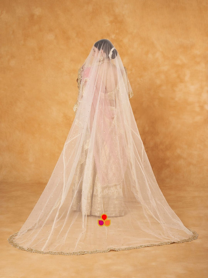 anokherang Dupattas Bridal Reeva Ivory Veil Scalloped Cutdana Embroidered Net Veil