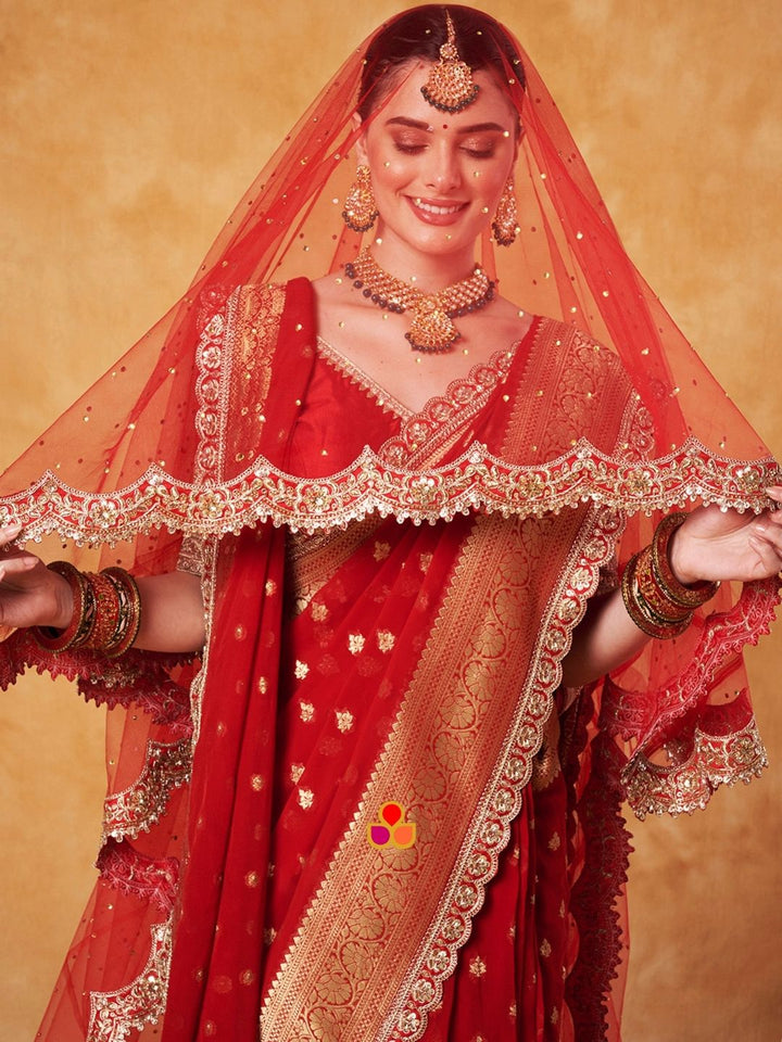 anokherang Dupattas Bridal Reeva Red Veil Scalloped Cutdana Embroidered Net Veil