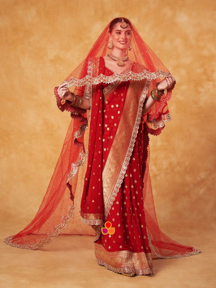 anokherang Dupattas Bridal Reeva Red Veil Scalloped Cutdana Embroidered Net Veil