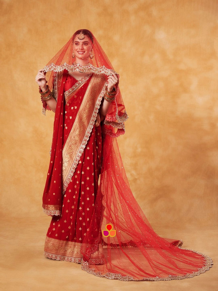 anokherang Dupattas Bridal Reeva Red Veil Scalloped Cutdana Embroidered Net Veil