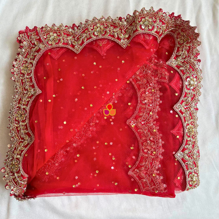 anokherang Dupattas Bridal Reeva Red Veil Scalloped Cutdana Embroidered Net Veil