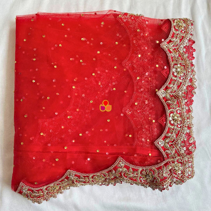 anokherang Dupattas Bridal Reeva Red Veil Scalloped Cutdana Embroidered Net Veil