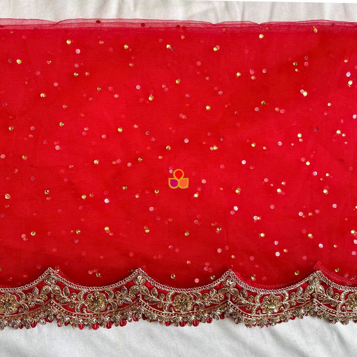 anokherang Dupattas Bridal Reeva Red Veil Scalloped Cutdana Embroidered Net Veil