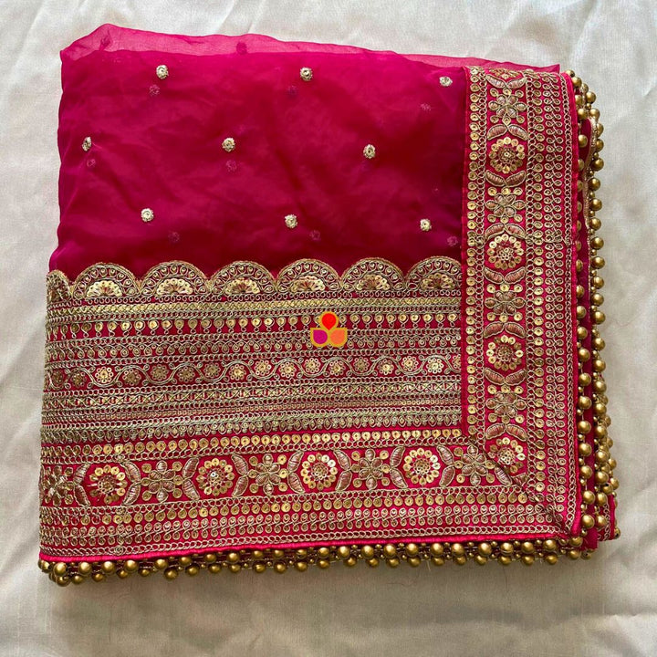 anokherang Dupattas Bridal Rose Pink  Sequin Laced Fringe Organza Dupatta