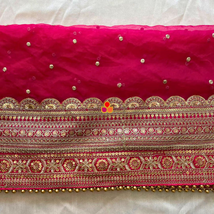 anokherang Dupattas Bridal Rose Pink  Sequin Laced Fringe Organza Dupatta