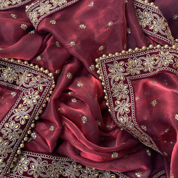 anokherang Dupattas Bridal Royal Kundan Maroon Sequin Embroidered Organza Dupatta