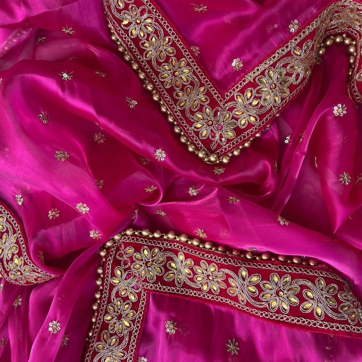 anokherang Dupattas Bridal Royal Kundan Pink Sequin Embroidered Organza Dupatta