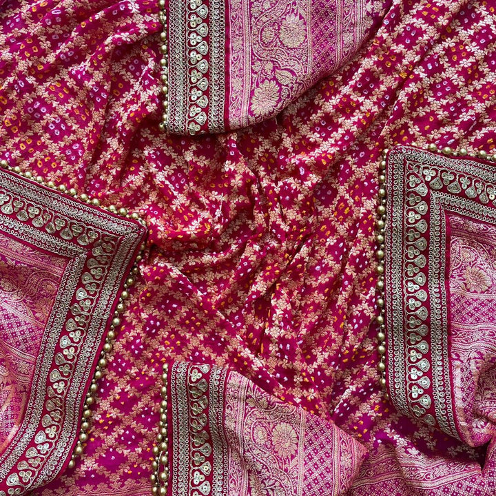 anokherang Dupattas Bridal Rubaab Dual Pink Bandhani Banarasi Georgette Dupatta