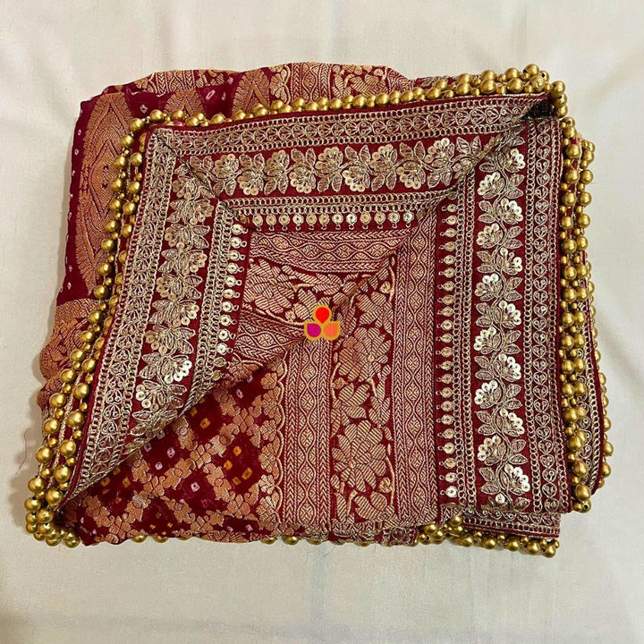 anokherang Dupattas Bridal Rubaab Maroon Bandhani Banarasi Georgette Dupatta
