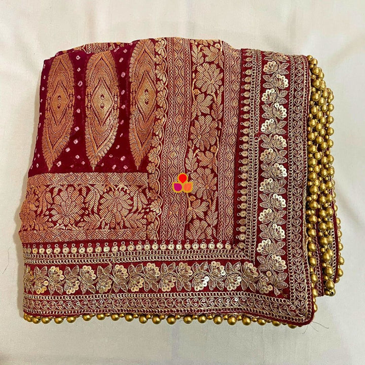 anokherang Dupattas Bridal Rubaab Maroon Bandhani Banarasi Georgette Dupatta