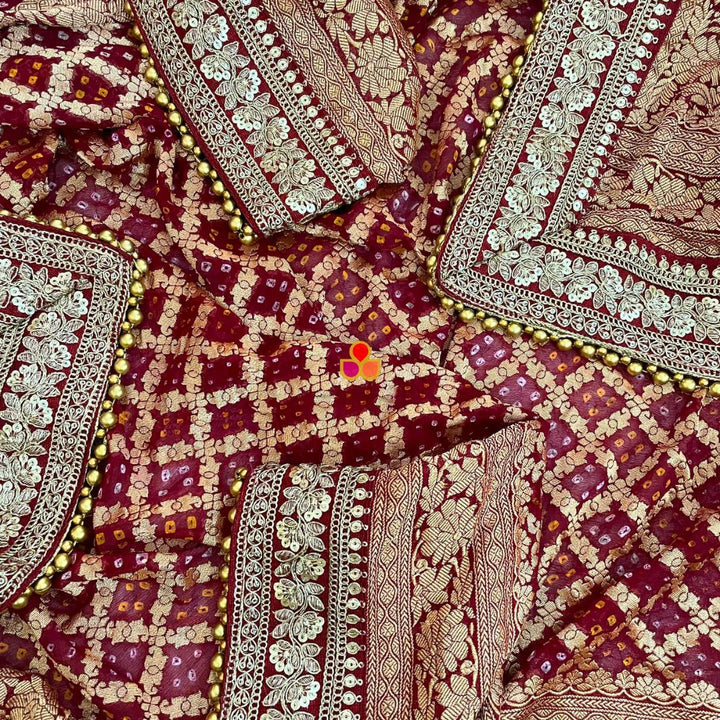 anokherang Dupattas Bridal Rubaab Maroon Bandhani Banarasi Georgette Dupatta
