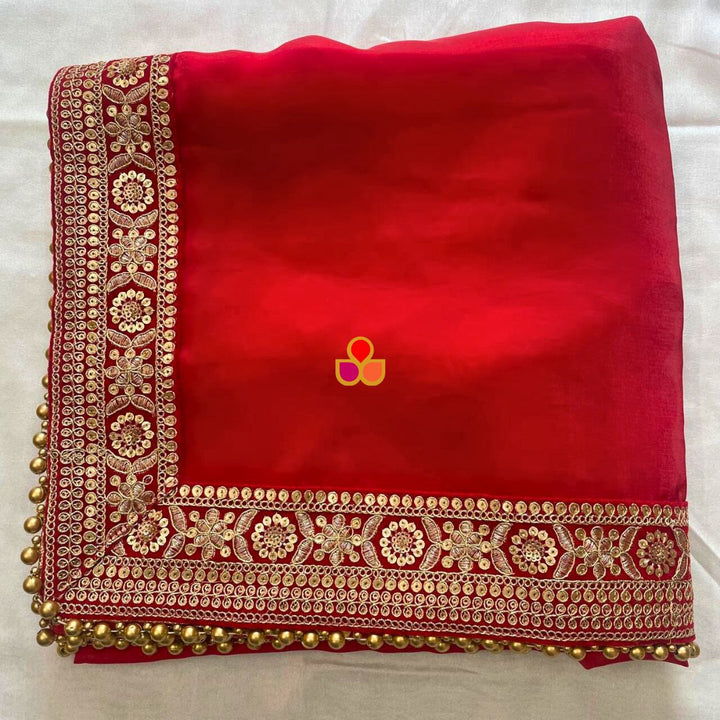 anokherang Dupattas Bridal Ruby Red Tissue Organza Dupatta