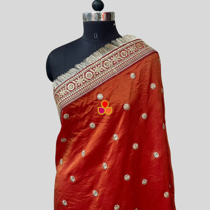 anokherang Dupattas Bridal Rust Flower Embroidered Silk Fringed Dupatta