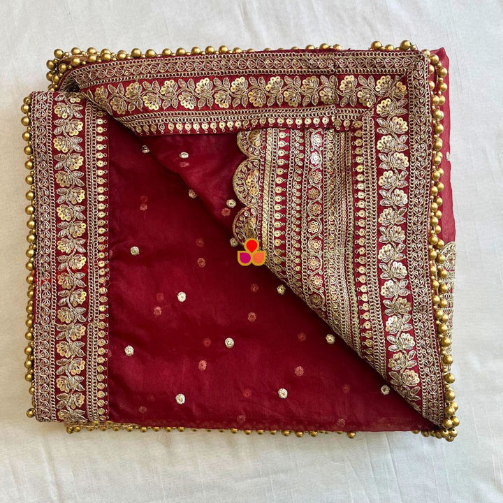 anokherang Dupattas Bridal Saanjh Maroon Stone Scalloped Organza Dupatta