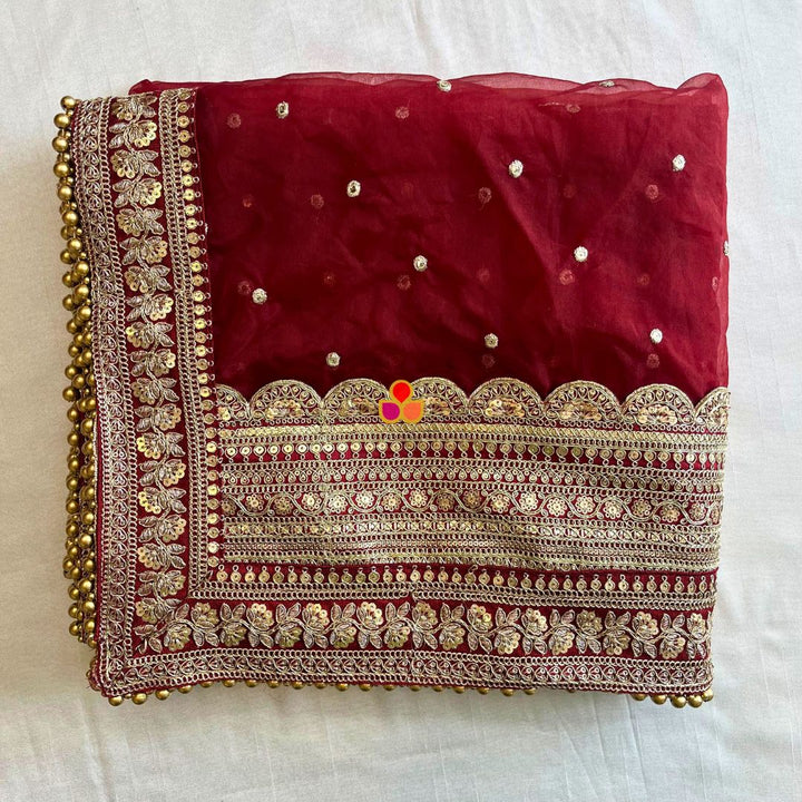 anokherang Dupattas Bridal Saanjh Maroon Stone Scalloped Organza Dupatta