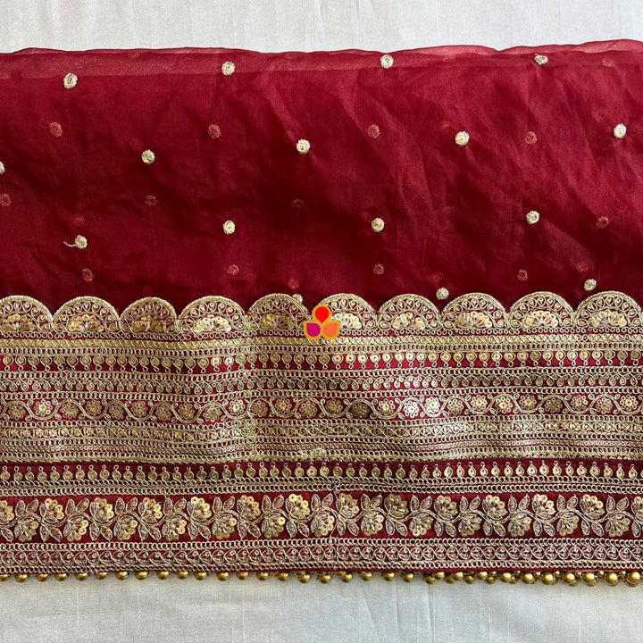 anokherang Dupattas Bridal Saanjh Maroon Stone Scalloped Organza Dupatta