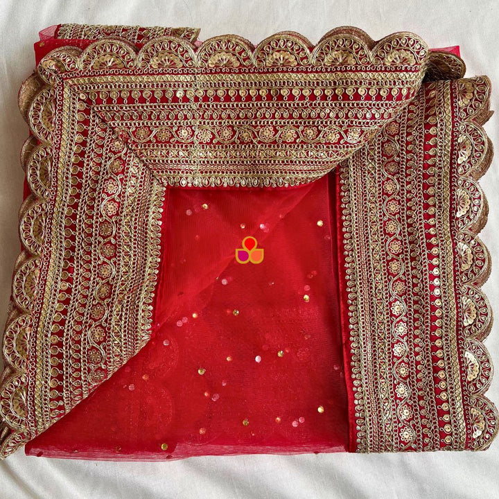 anokherang Dupattas Bridal Saanjh Red Stone Scalloped Net Dupatta
