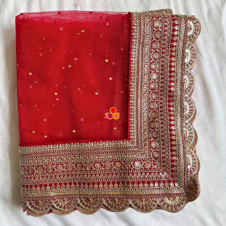anokherang Dupattas Bridal Saanjh Red Stone Scalloped Net Dupatta